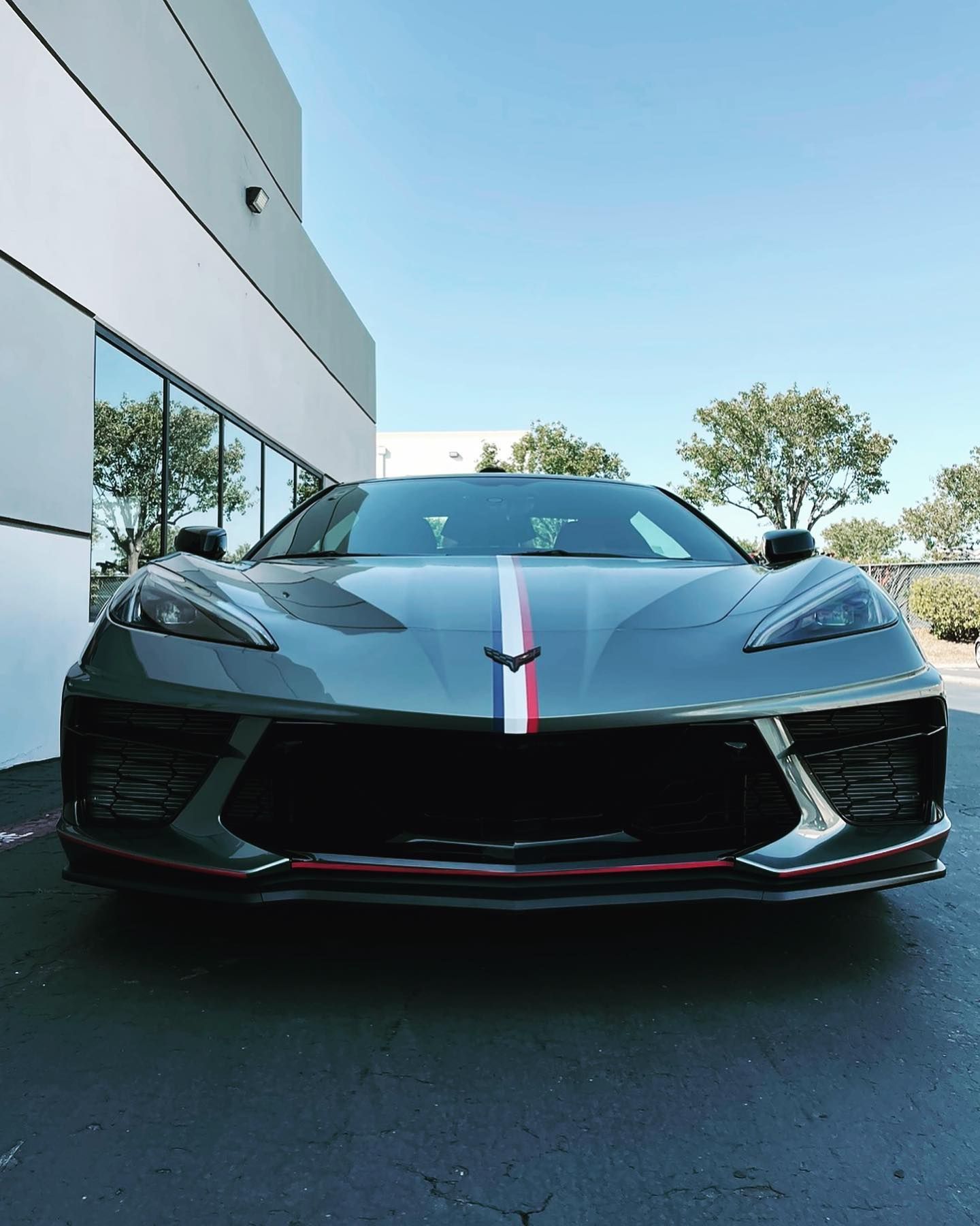 Gray sports car with white, red, and blue racing stripe, parked in front of a building.