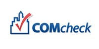 A blue and red logo for comcheck with a check mark on it.