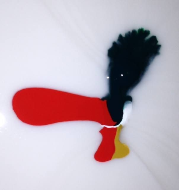 A red yellow and black object on a white surface