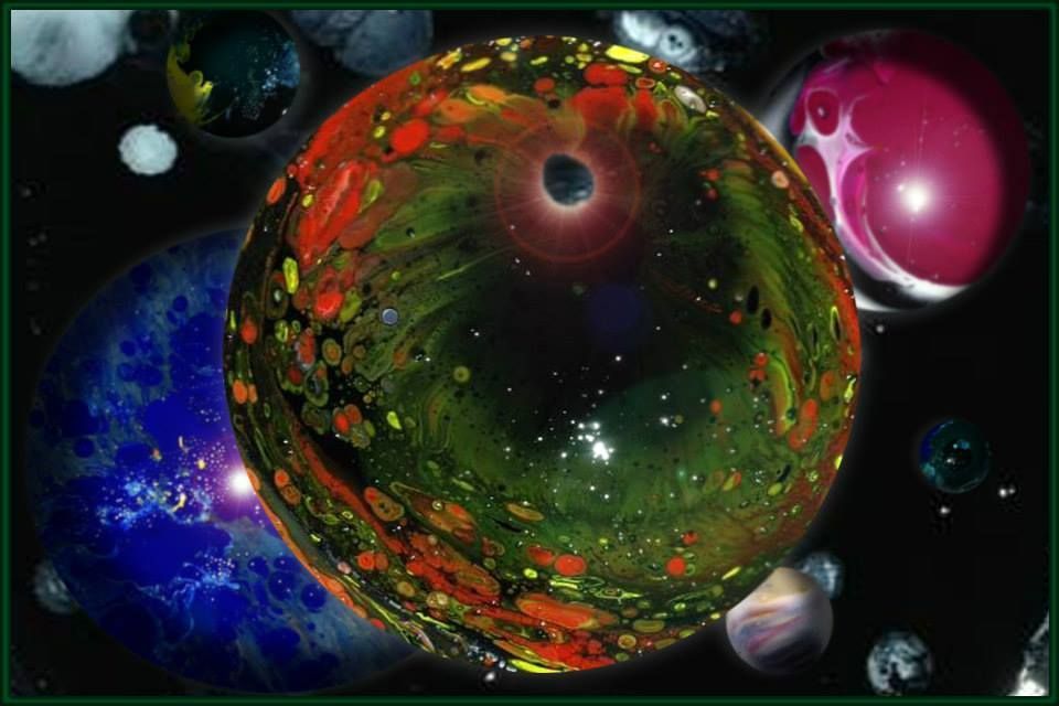 A painting of a planet with a black hole in the middle