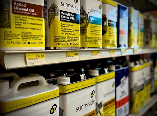 A shelf full of sunnyside products including boiled linseed oil