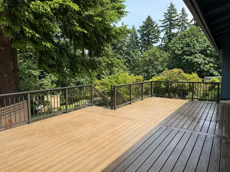 Wooden deck with dark railing overlooks lush green trees under a bright sky.