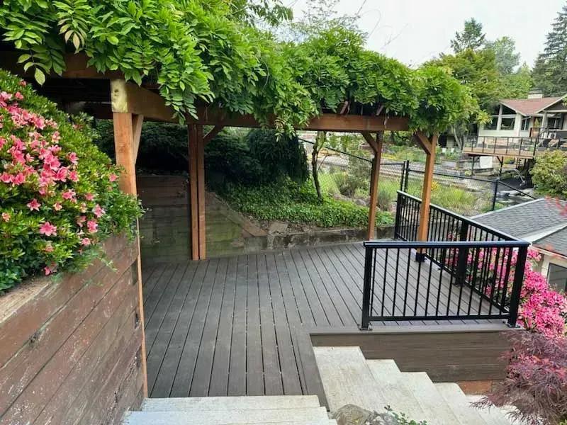 Wooden deck with stairs, pergola covered in greenery, view of homes and landscaping.