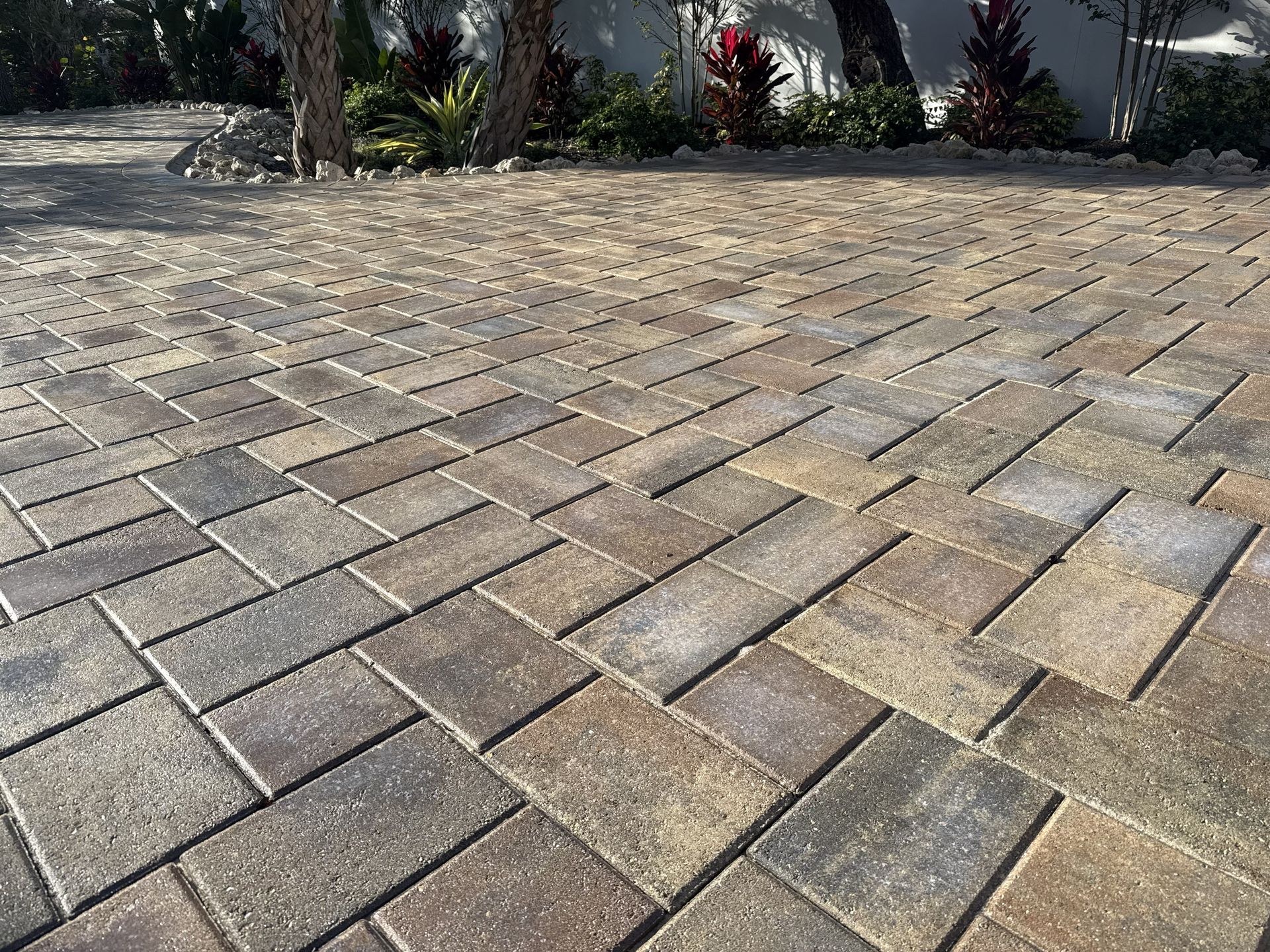 Stone paver driveway with a palm-lined garden border