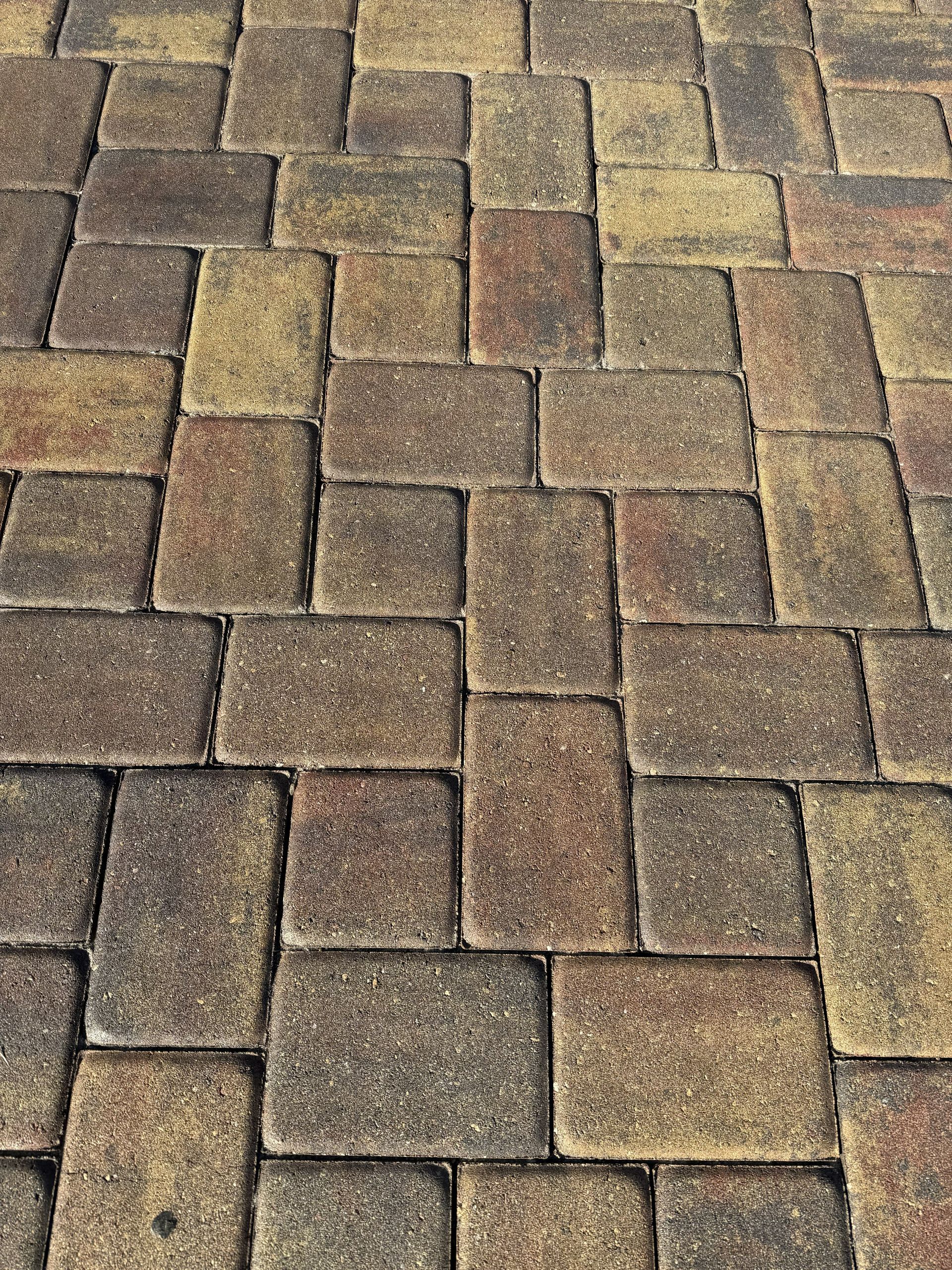 Close-up of interlocking tan and gray brick pavement pattern
