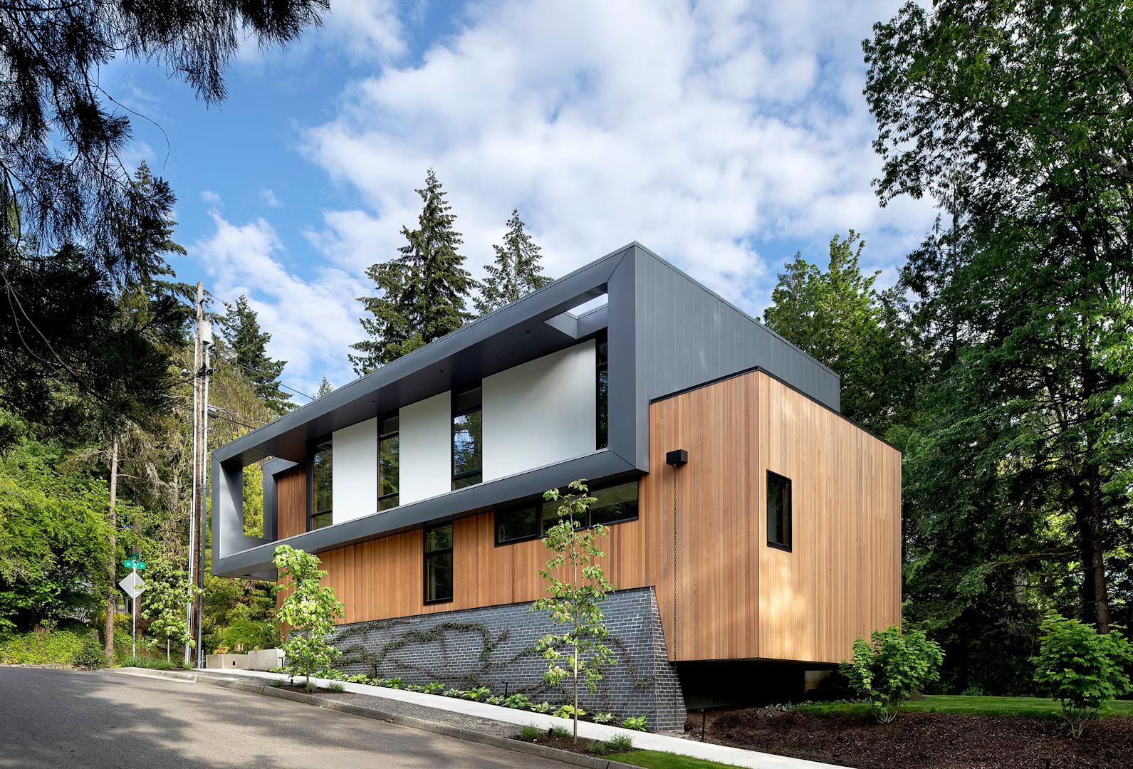 A modern house is sitting on the side of a hill surrounded by trees.