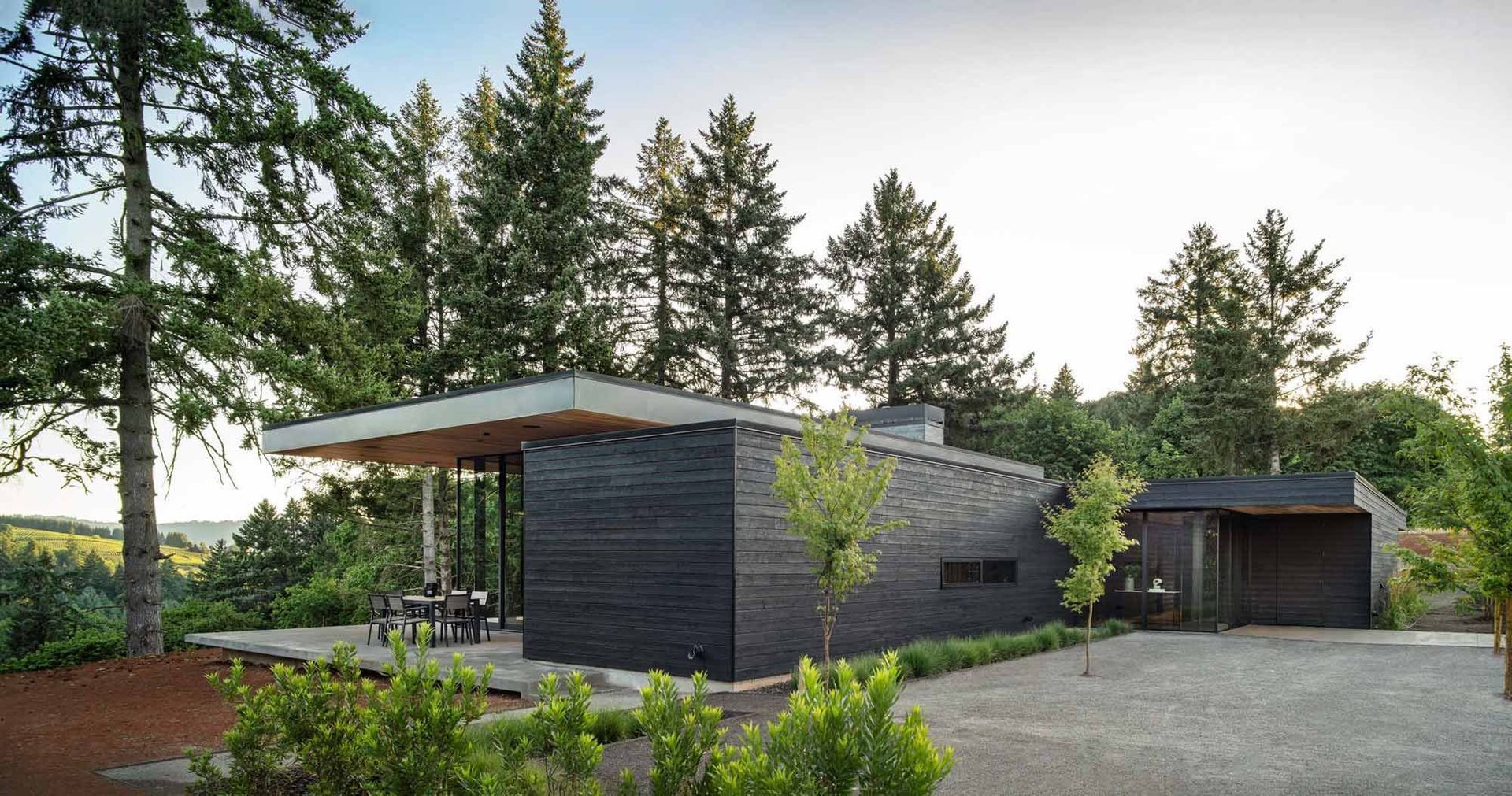 A modern house is surrounded by trees and a gravel driveway.