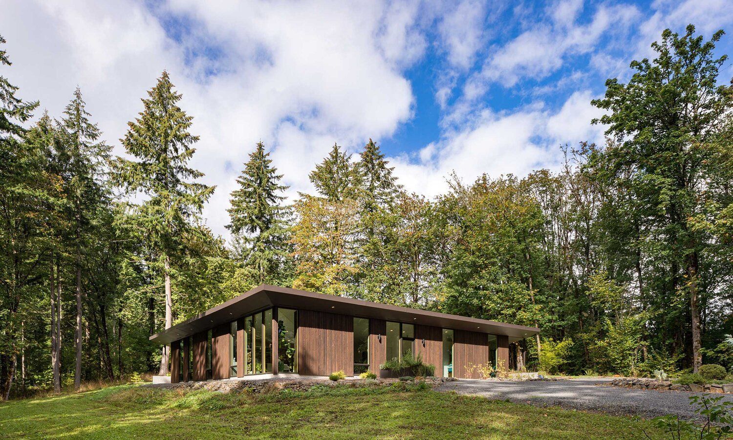 A house in the middle of a forest with trees in the background.