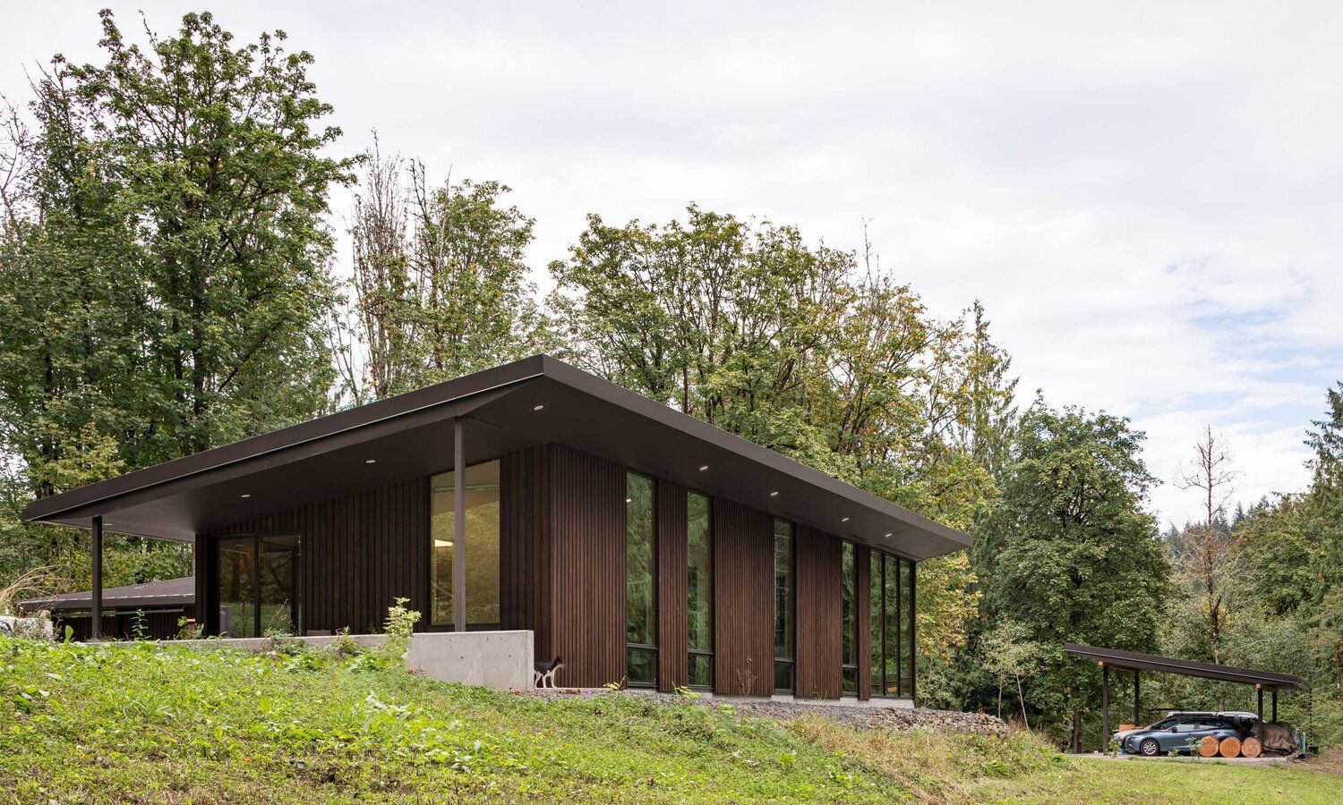 A small house is sitting on top of a grassy hill surrounded by trees.