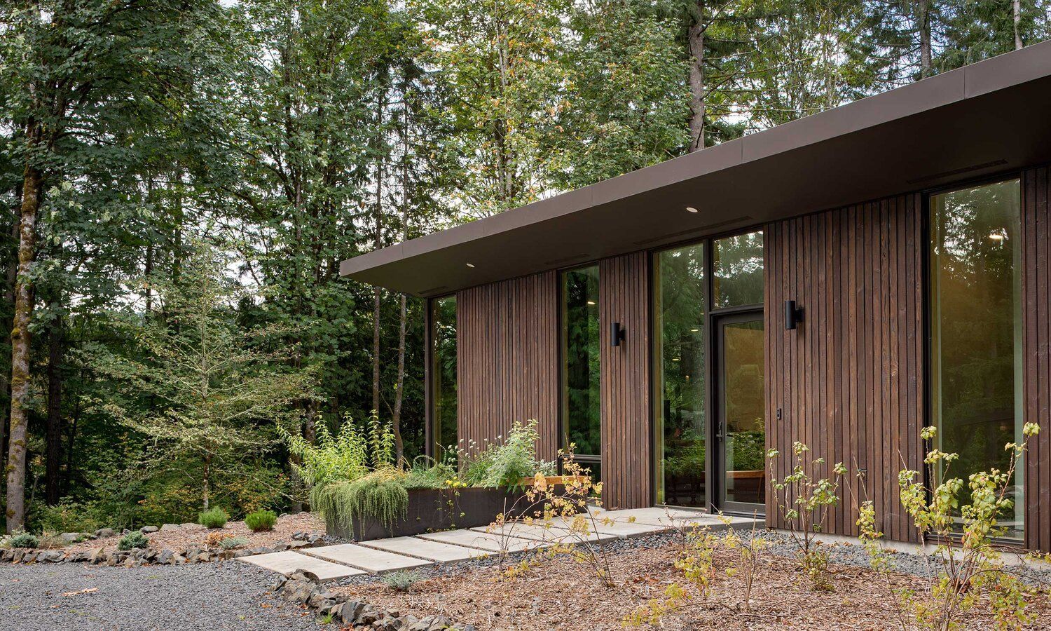 A small house in the middle of a forest with a lot of windows.