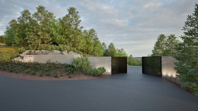 An impression of the entrance to a house surrounded by trees.