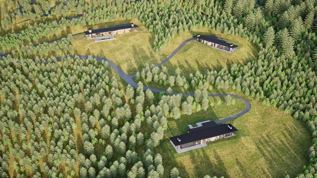 An aerial view of a house in the middle of a forest.