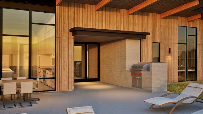 impression of a patio area with a table and chairs and a grill.