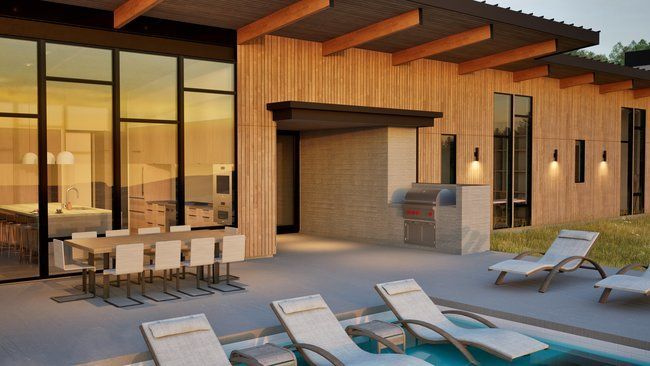 impression of a modern house with a swimming pool and patio furniture.