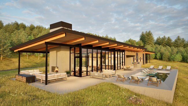 impression of a modern house in the middle of a grassy field.