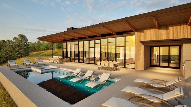 impression of a house with a swimming pool and lounge chairs.