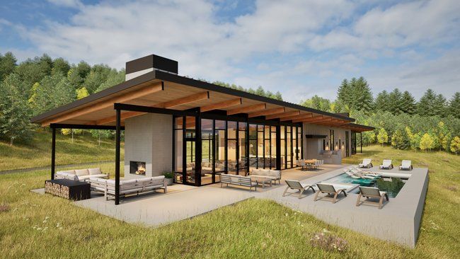 impression of a modern house with a swimming pool.