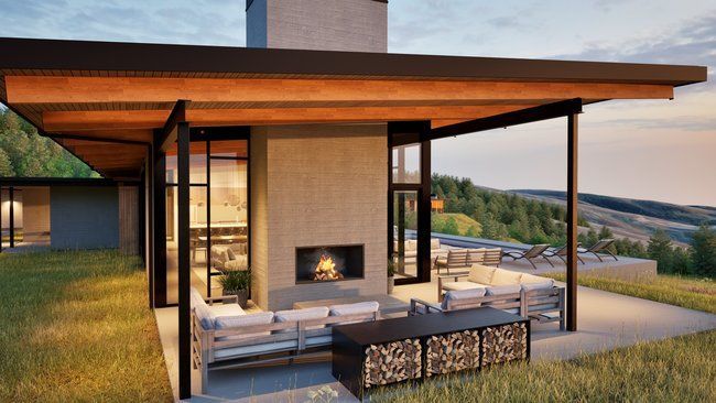 impression of a modern house with a fireplace.
