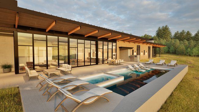 impression of a modern house with a large swimming pool.