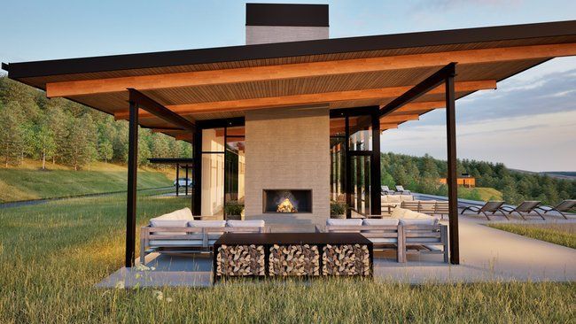 There is a fireplace in the middle of the house.