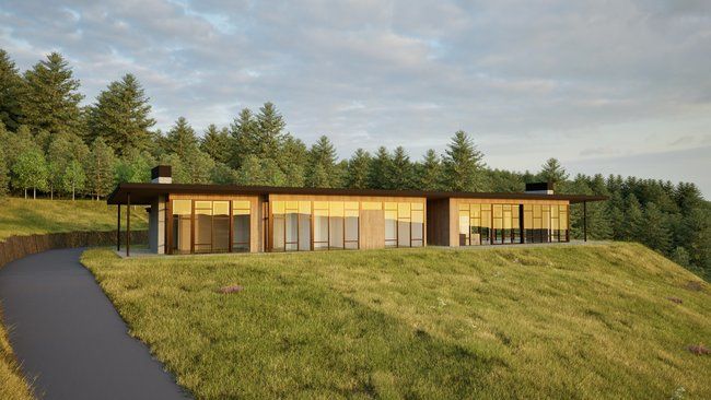 A modern house is sitting on top of a grassy hill surrounded by trees.