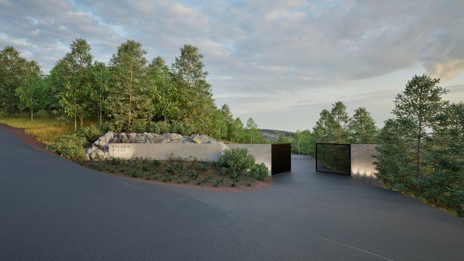 impression of a house on a hill surrounded by trees.