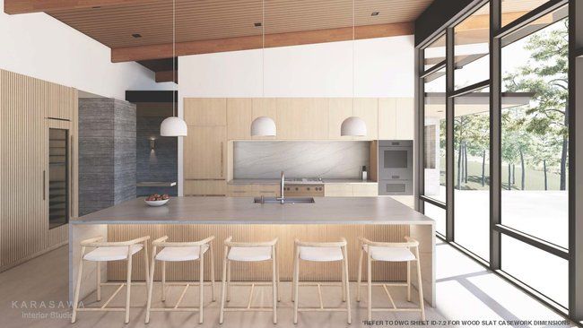 A kitchen with a large island and a lot of windows