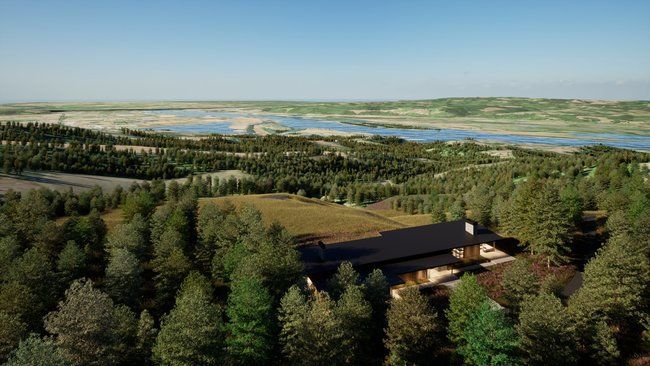An aerial view of a house in the middle of a forest surrounded by trees.