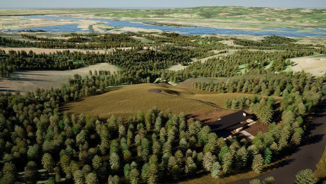 top view of a house in the middle of a forest surrounded by trees.