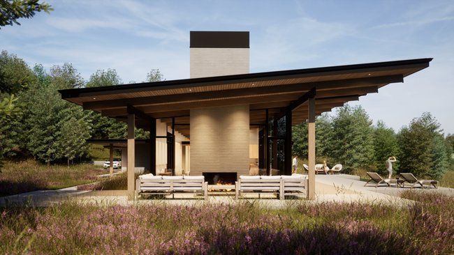impression of a house with a fireplace in the middle of a field.