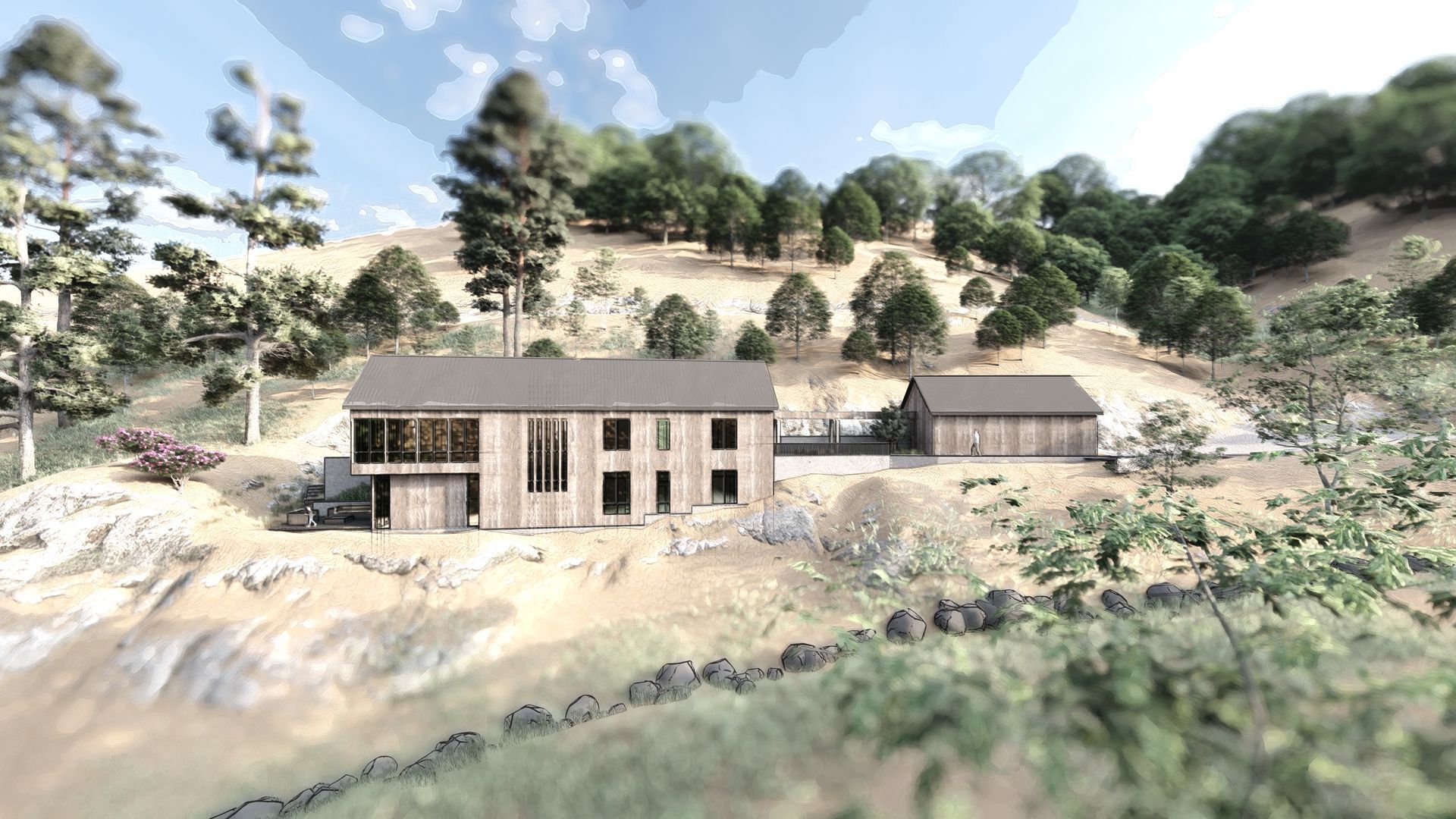 A house is sitting on top of a hill surrounded by trees.