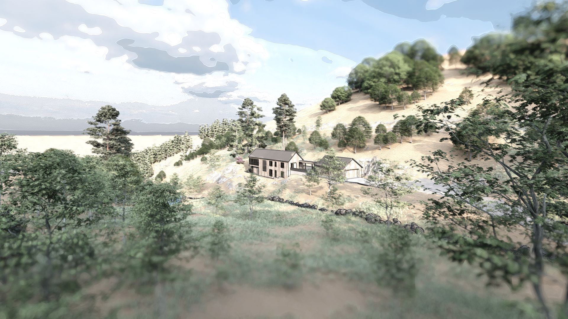 An aerial view of a house on top of a hill surrounded by trees.