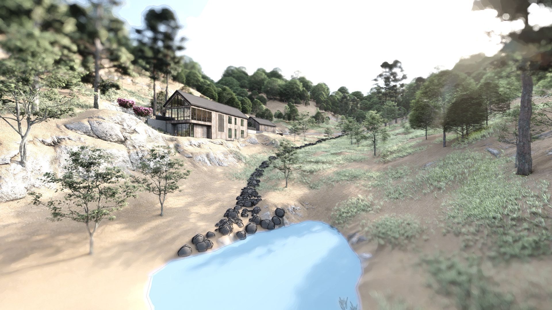 A computer generated image of a house in the middle of a forest.