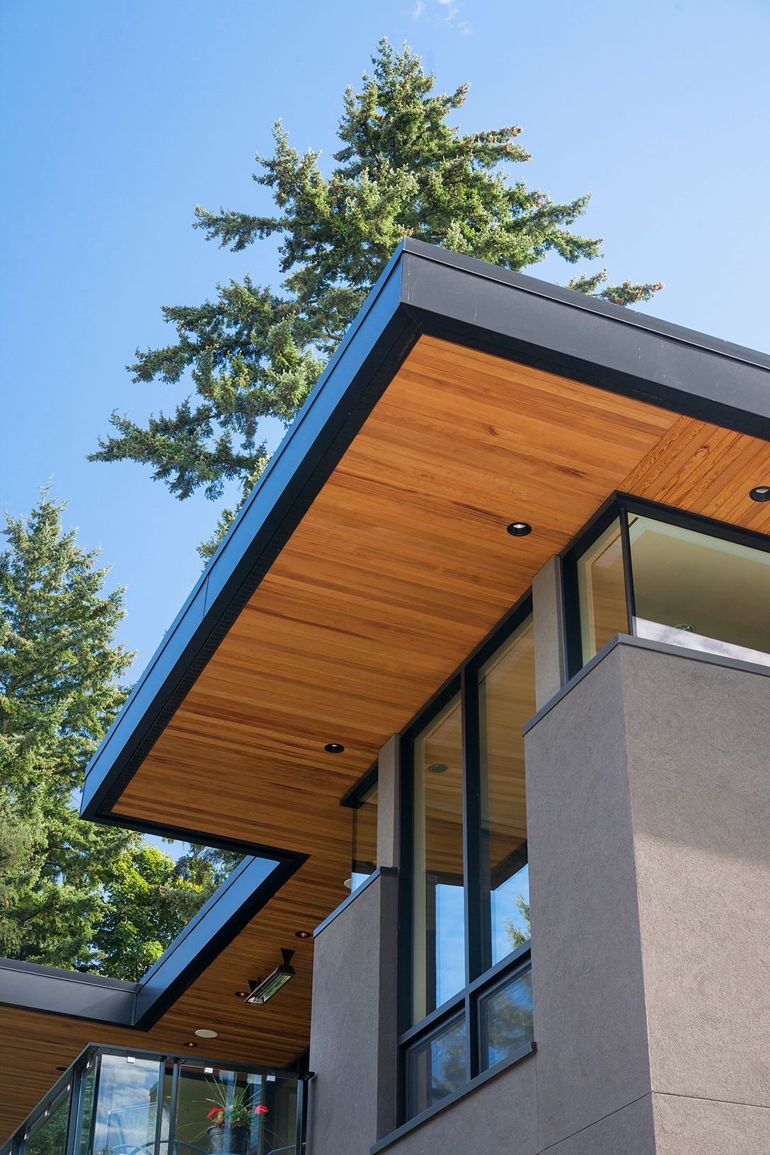 A modern house with a wooden roof and a lot of windows.
