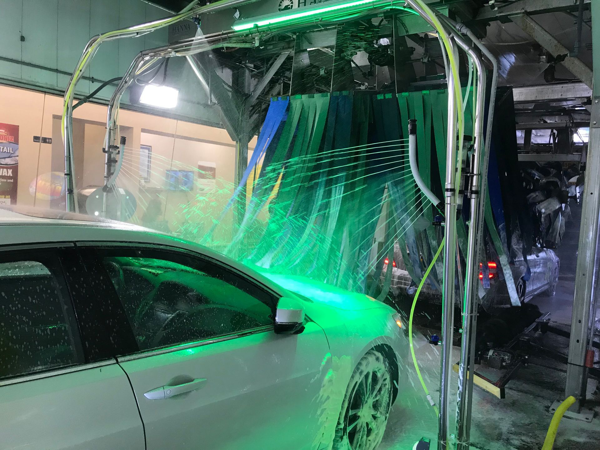 car wash green soap white car pass side