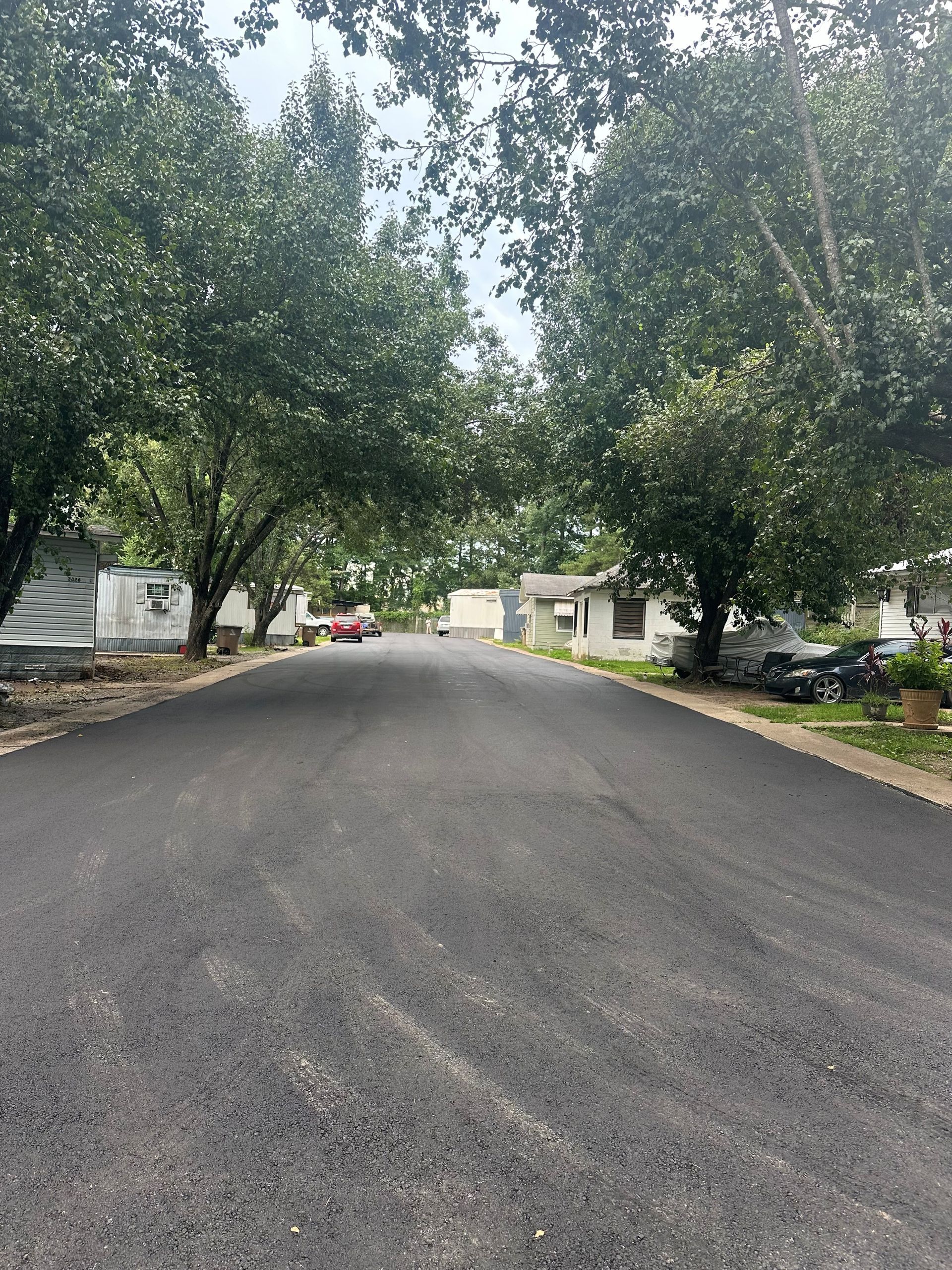 Black asphalt road lined with trees leads to a distant red car, overcast sky.