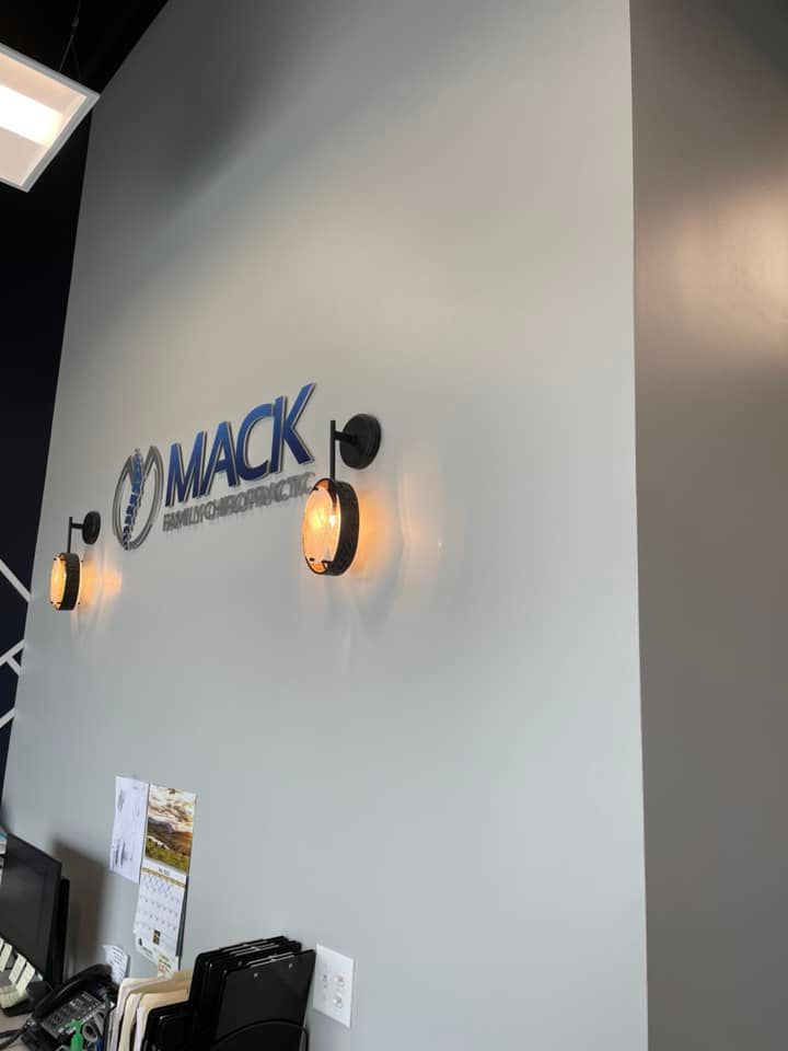 A business sign is mounted on a white wall with lights beside it