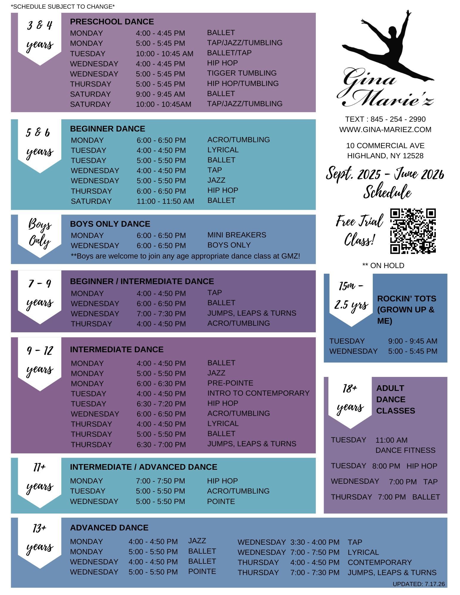 Class Schedule Dance 2025-2026