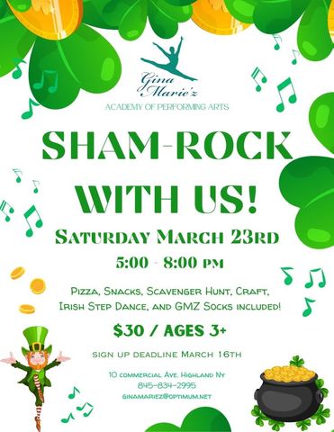 st patrick's day party sharm-rock with us. pizza, snacks, scavenger hunt, irish step dancing and more!