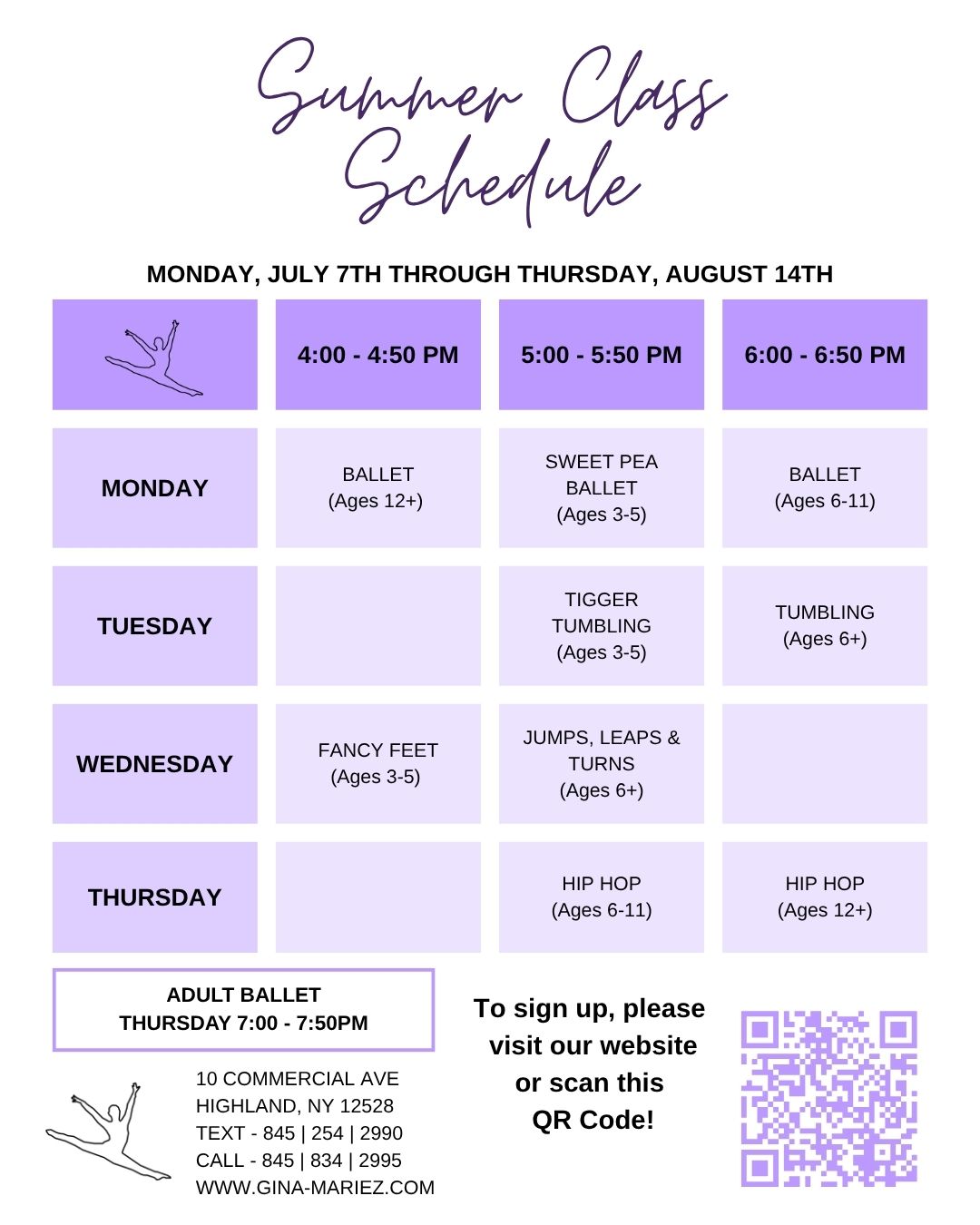 Summer Class Schedule Dance 2025