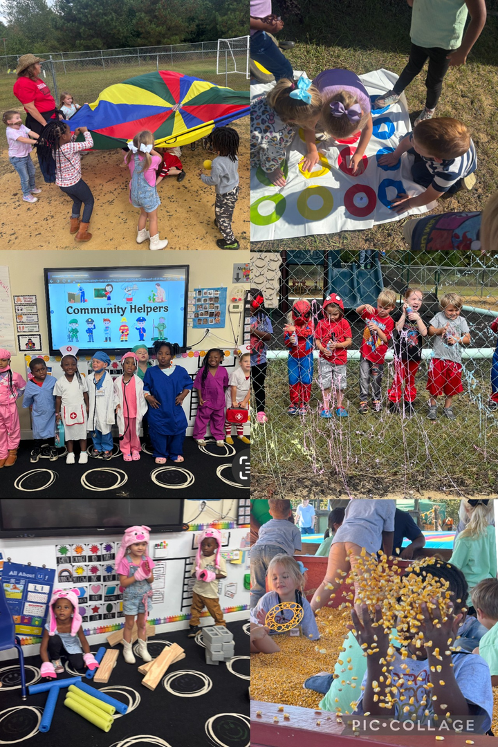 Children engaged in various activities: playing with a parachute, crafting, dressing up, and a corn pit.
