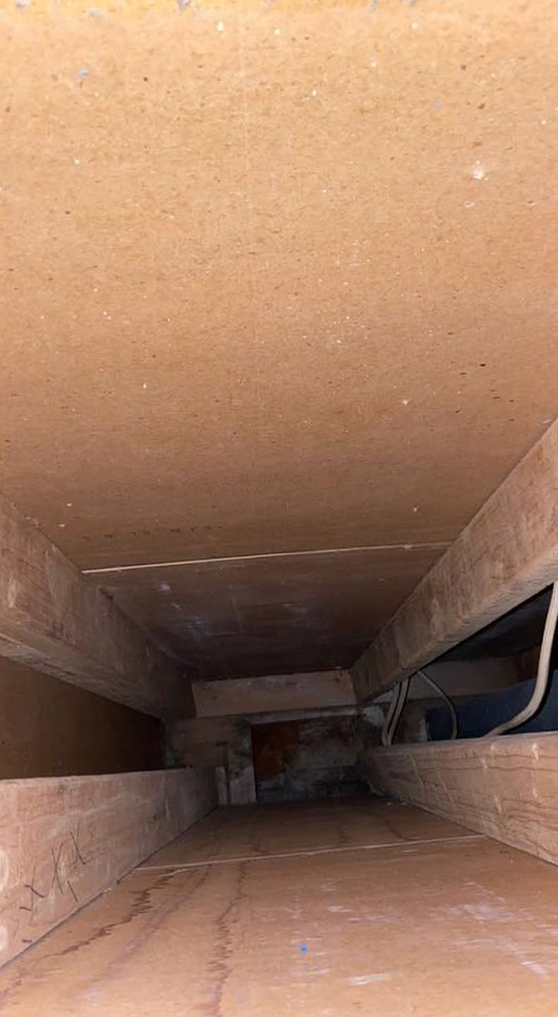 Looking down into a wooden tunnel with a ceiling.