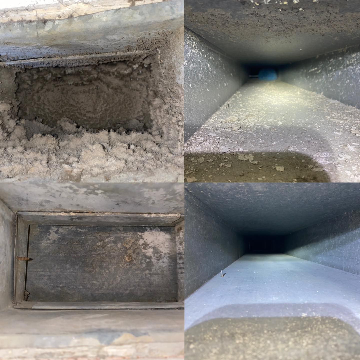 A collage of four pictures of a dirty air vent before and after cleaning.