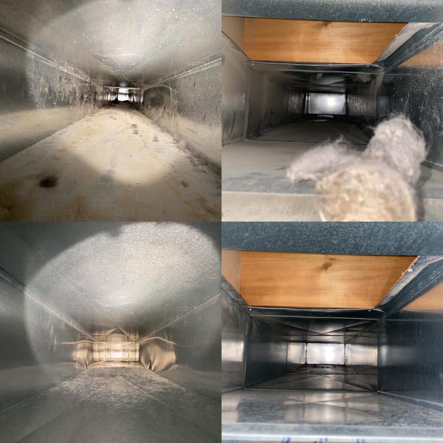 A before and after picture of a duct being cleaned.