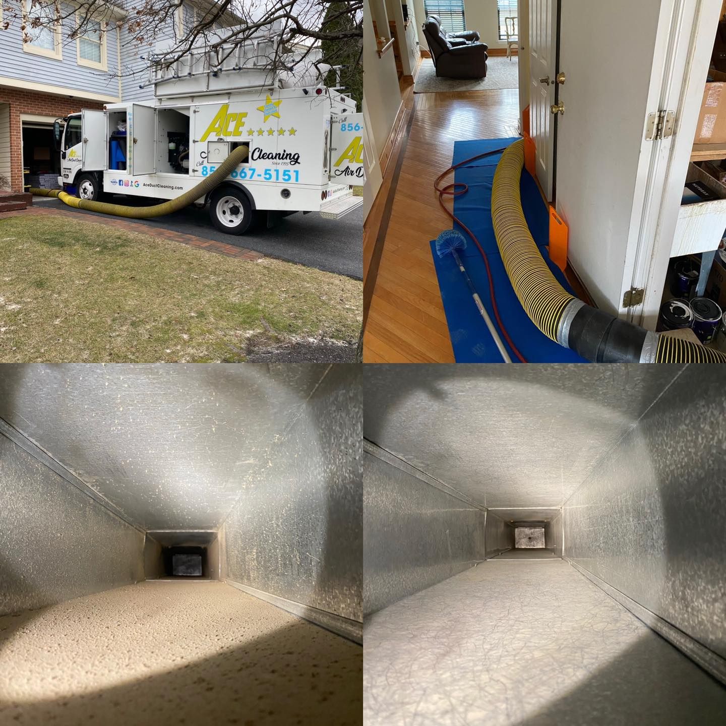A collage of pictures of a duct cleaning truck