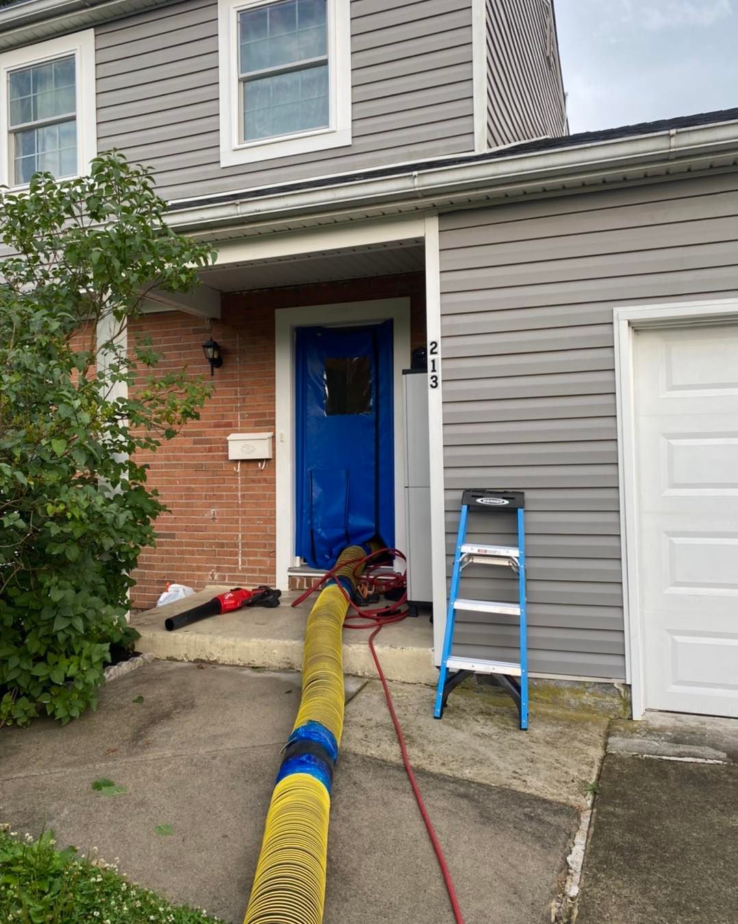 A house with a blue door and a ladder in front of it.