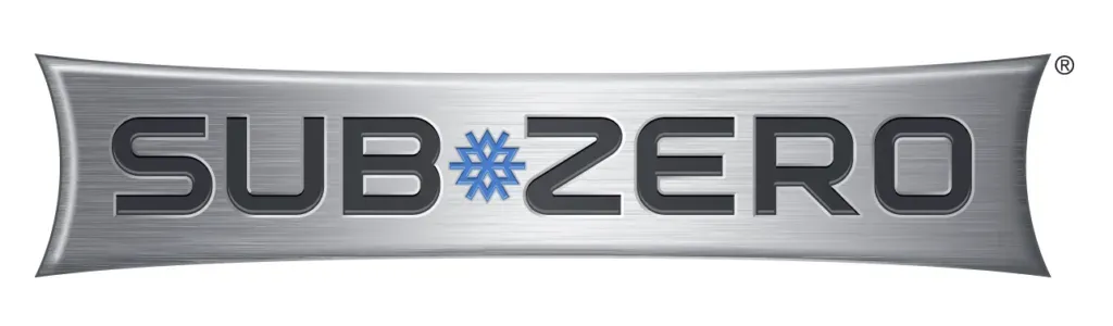 Sub-Zero logo in a metallic, elongated shape with a blue snowflake icon between