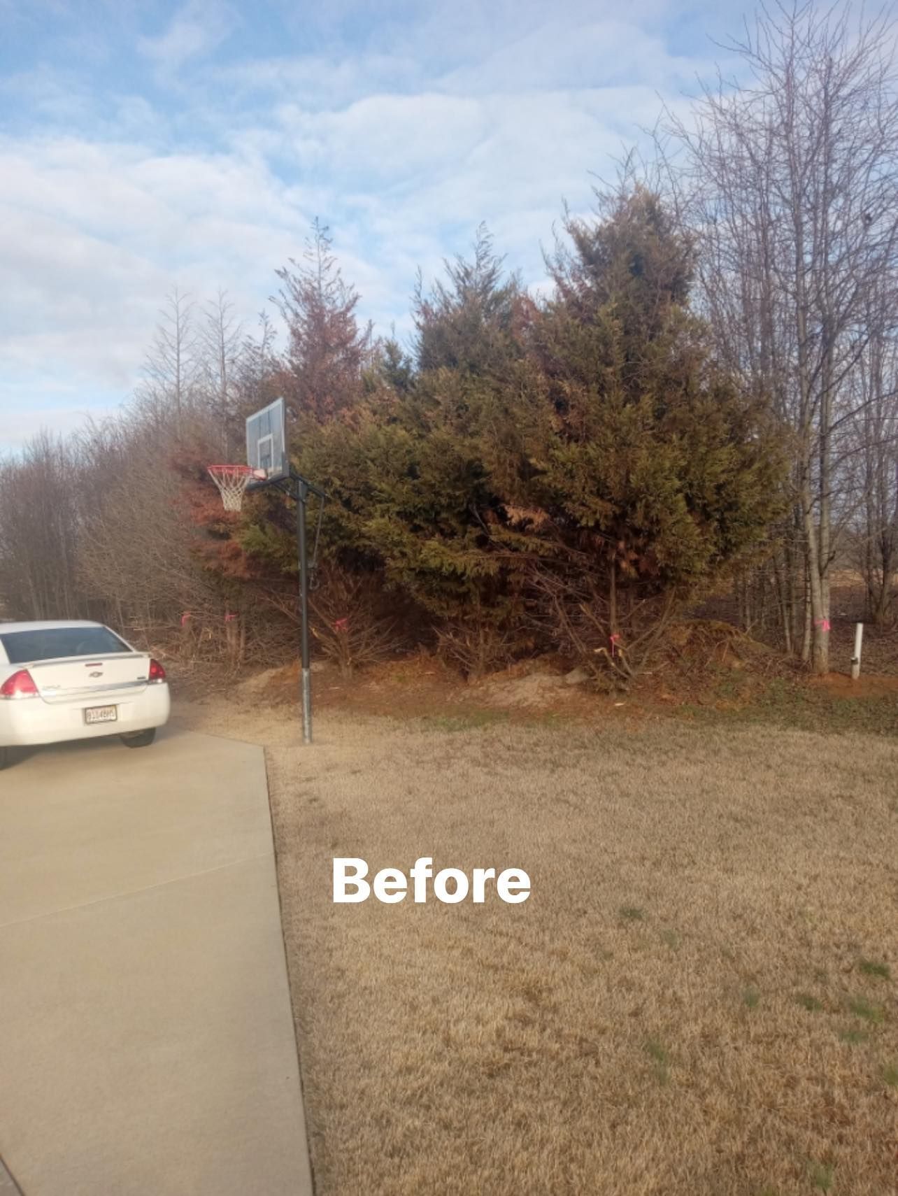 a car is parked on the side of the road in front of a basketball hoop