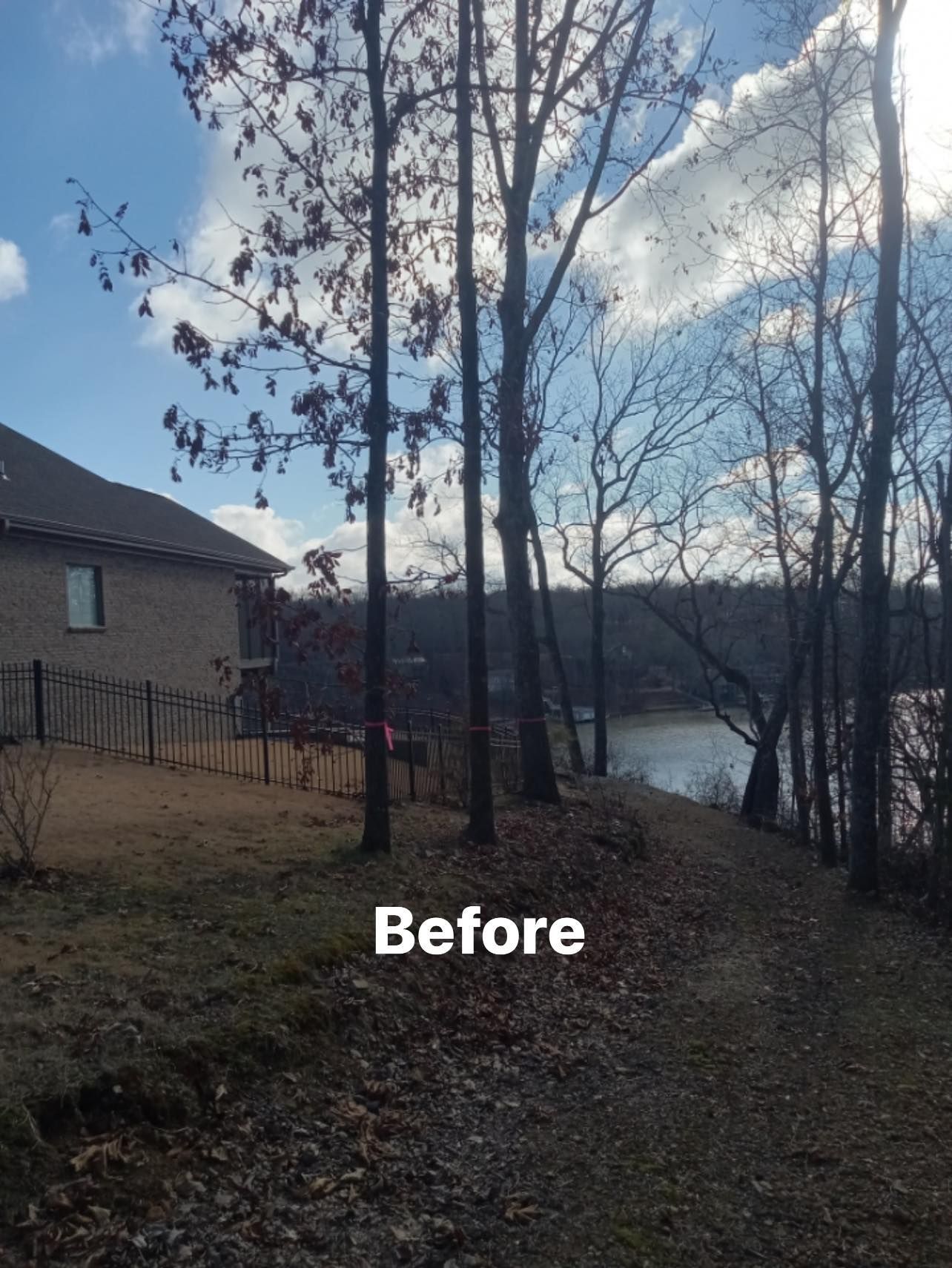 a before picture of a house with a lake in the background