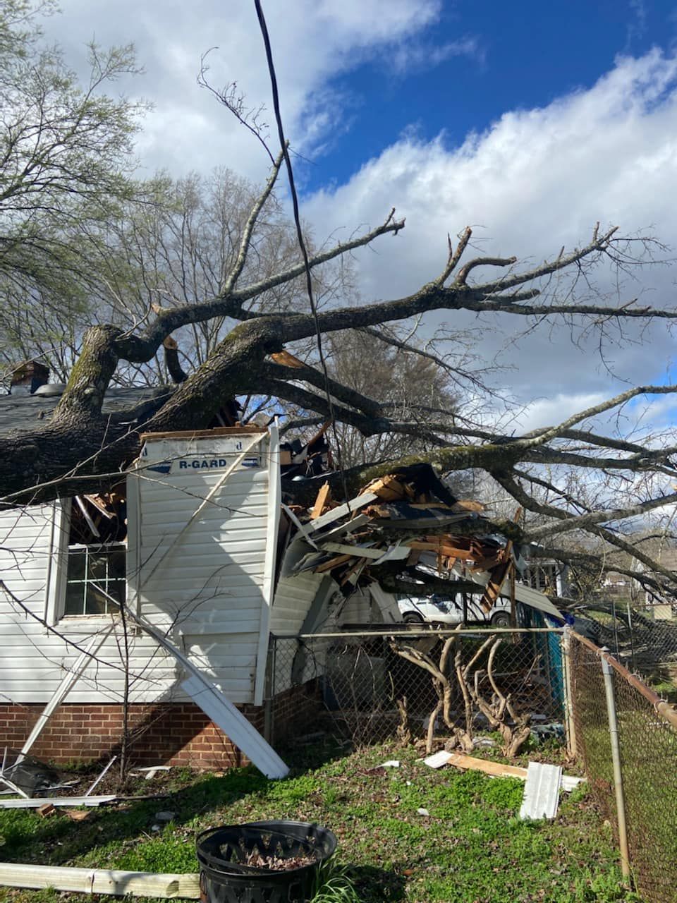 a tree has fallen on the roof of a house